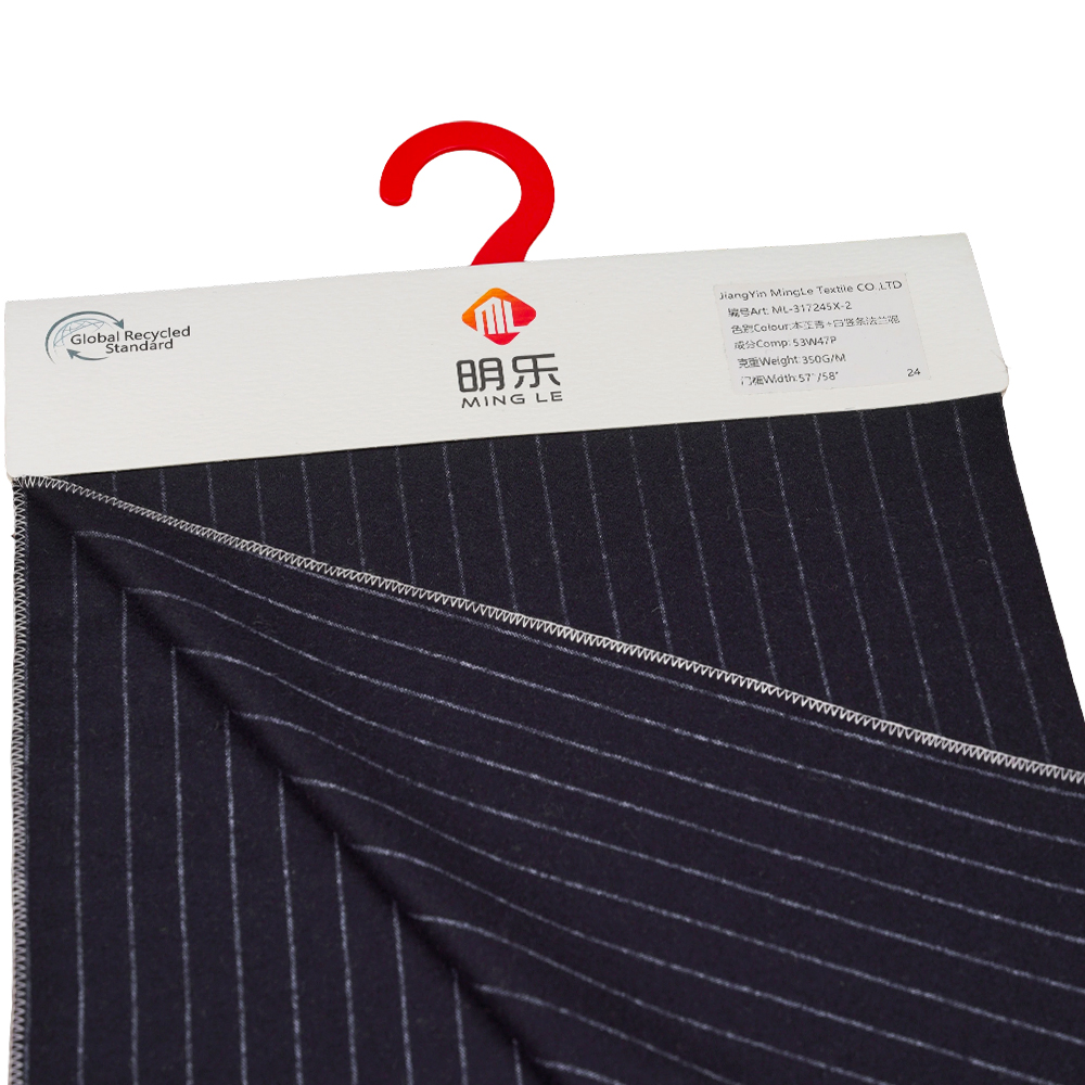 53%羊毛,47%涤纶,350克/米,紫青+白色,竖条纹法兰绒面料,ML-317245X-2